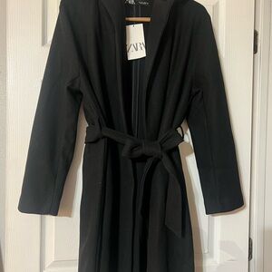 Zara Elegant Black Belted Hooded Coat